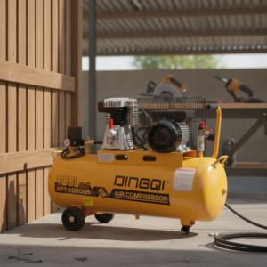 Yellow rotary-style air compressor with a black motor, gauges, and hose on a wheeled base in a workshop space by a wooden wall