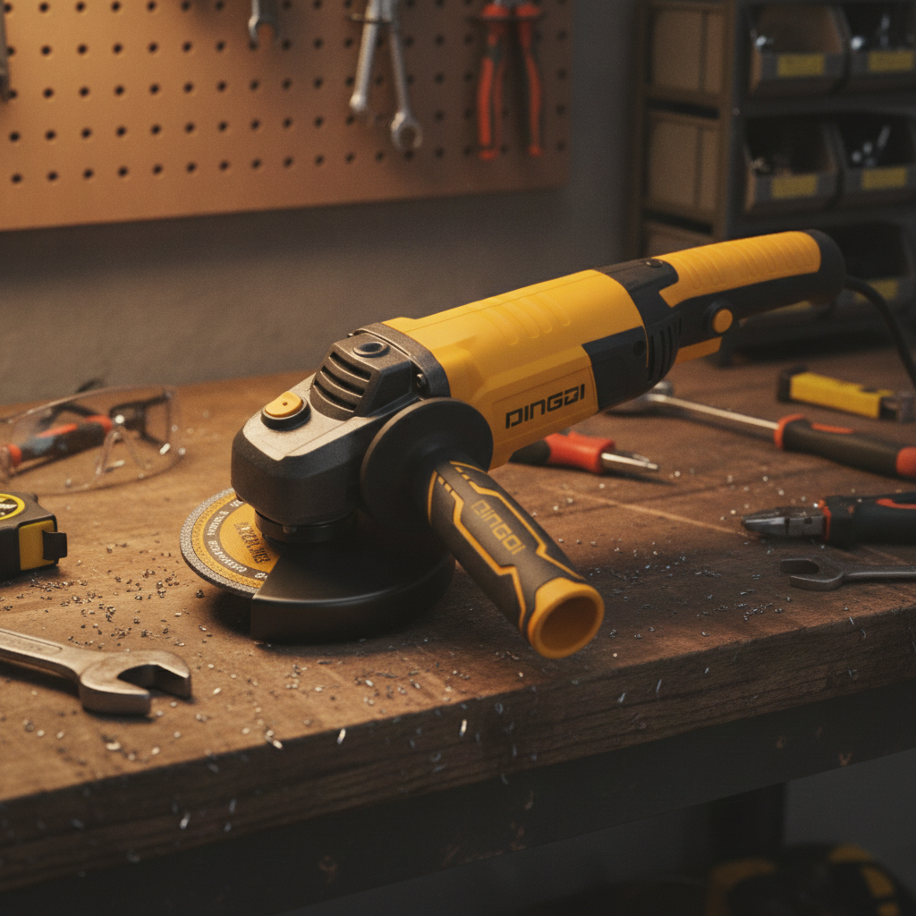 2026/06/1002894593.png - pricemagicgh.com Yellow PINGOI angle grinder on a wooden workbench with metal shavings and tools in a workshop environment.