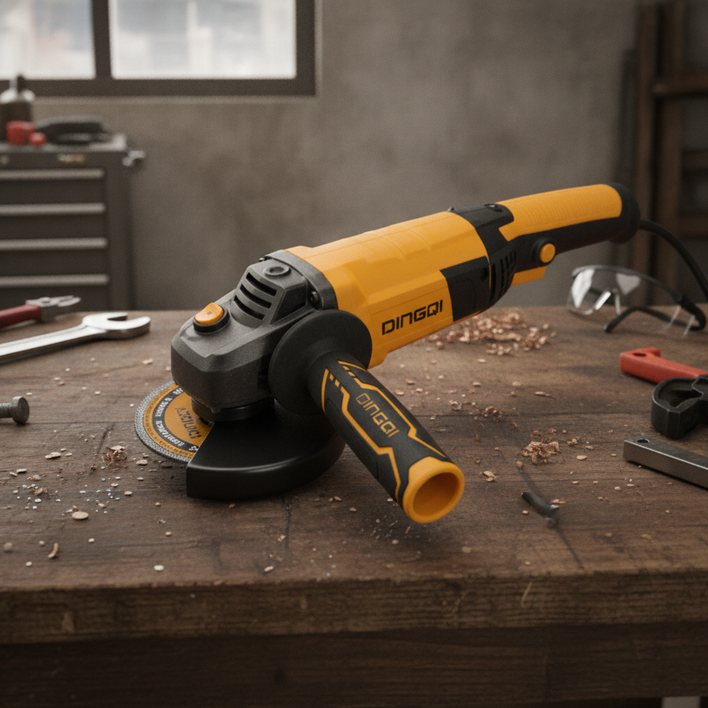 2026/06/1002894594.png - pricemagicgh.com Orange and black angle grinder resting on a wooden workbench with sawdust and tools nearby in a workshop.