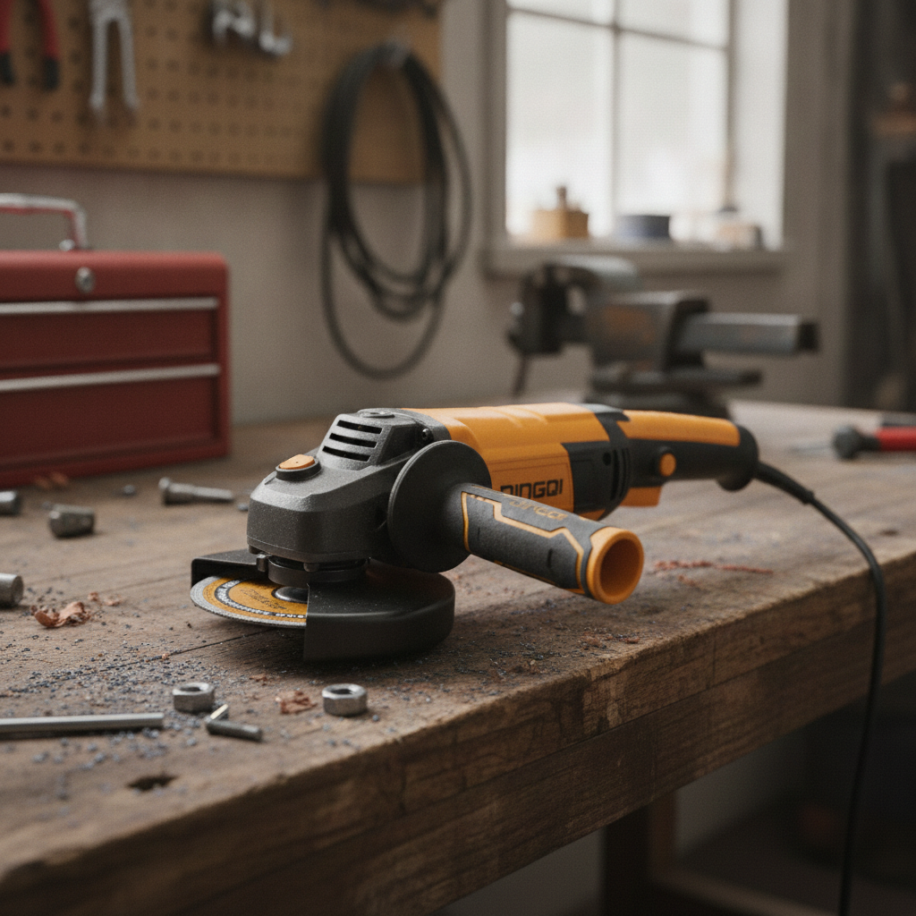2026/06/1002894595.png - pricemagicgh.com Orange and black angle grinder resting on a wooden workbench with metal shavings and bolts scattered around; red tool chest and workshop gear blurred in the background