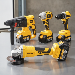Set of yellow cordless power tools on a metal worktable: three drills standing upright and a grinder lying down with a grinding disc attached.