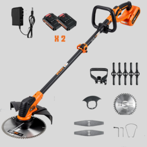 Assortment of drill and cutting accessories including battery packs, charger, circular saw blades, and a cordless angle grinder on a gray background.