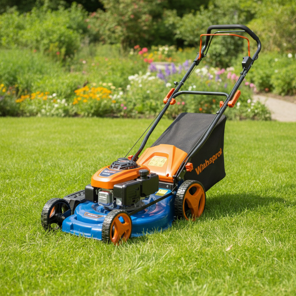 2026/06/1002914752.png - pricemagicgh.com Blue and orange gas-powered lawn mower on a well-kept green lawn, with a black grass catcher attached in a garden setting.