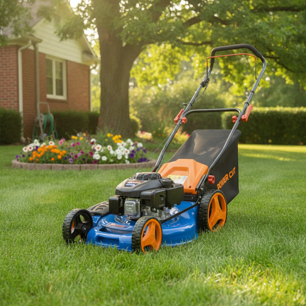 2026/06/1002914753.png - pricemagicgh.com Lawn mower on a well-kept green lawn near a flower bed with a brick house in the background.