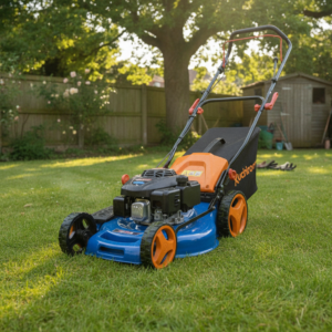 Blue and orange push lawn mower on a grassy backyard lawn with a black grass catcher on the back.”