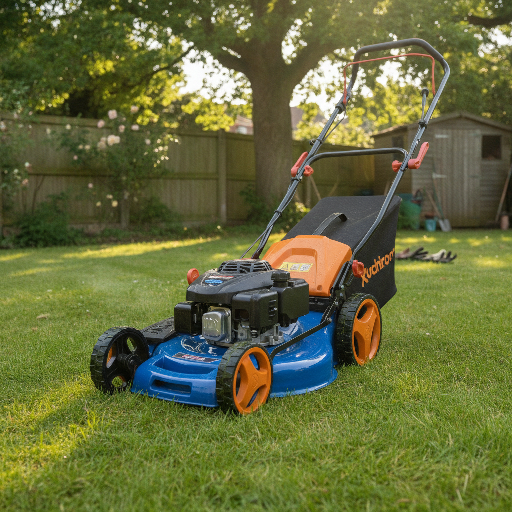 2026/06/1002914754.png - pricemagicgh.com Blue and orange push lawn mower on a grassy backyard lawn with a black grass catcher on the back.”