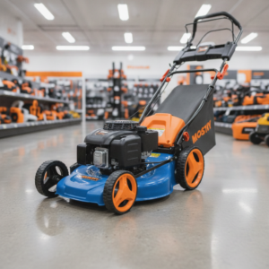 Blue and orange gas-powered lawn mower on a showroom floor with tools and equipment blurred in the background, ready for sale.