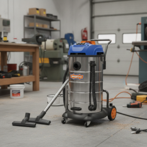 Industrial stainless steel wet/dry vacuum with a blue top on a workshop floor.