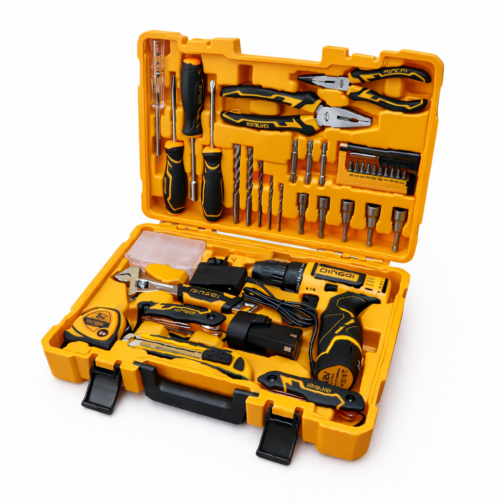 2026/06/1002915048.png - pricemagicgh.com Open yellow tool kit with assorted hand tools and power drill inside.