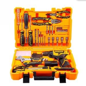 2026/06/1002915052.jpg - pricemagicgh.com Open yellow tool case displaying a cordless drill, a jigsaw, pliers, screwdrivers, and a variety of drill bits and accessories in organized trays.