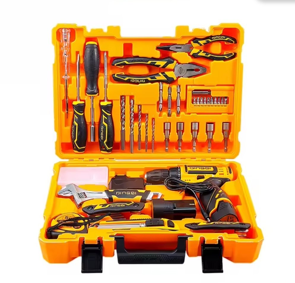 2026/06/1002915052.jpg - pricemagicgh.com Open yellow tool case displaying a cordless drill, a jigsaw, pliers, screwdrivers, and a variety of drill bits and accessories in organized trays.