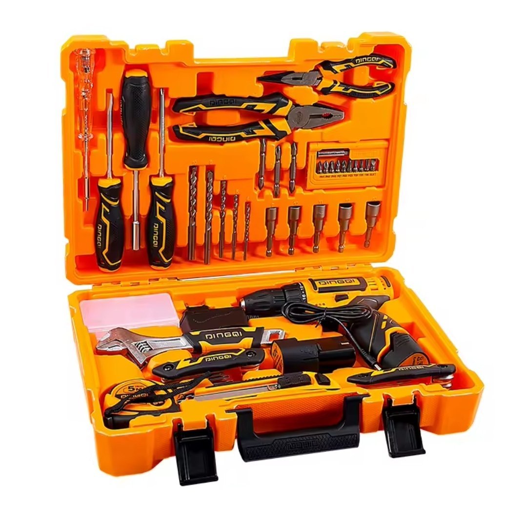 2026/06/1002915153.jpg - pricemagicgh.com Open orange tool kit with drill, pliers, screwdrivers, bits and wrench set.