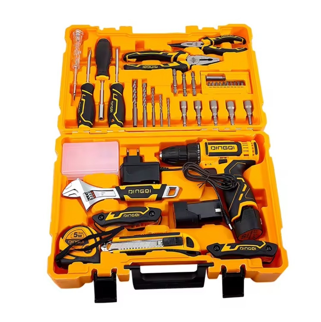 2026/06/1002915199.jpg - pricemagicgh.com Yellow tool case opened to reveal drill kit, screwdrivers, pliers, bits, and tape measure arranged inside