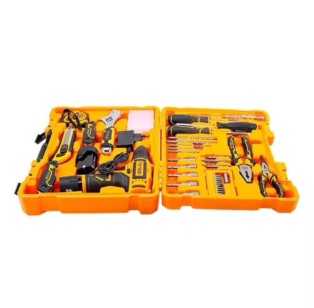 2026/06/1002915202.jpg - pricemagicgh.com Orange two‑part tool kit open showing a cordless drill and a wide assortment of hand tools and bit sets in a bright case.