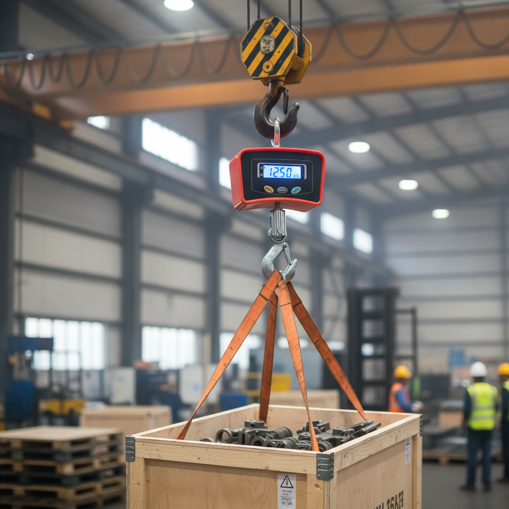 2026/06/1002915645.png - pricemagicgh.com Overhead crane lifting a wooden crate filled with metal components using orange straps and a digital scale reading 1250.