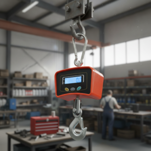 Orange digital hanging scale suspended by a metal hook in a workshop, weighing setup visible in background