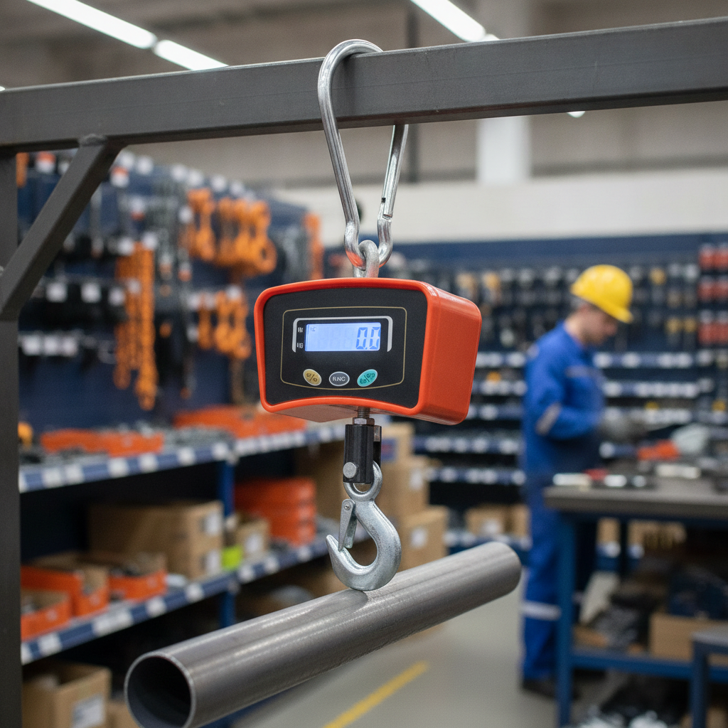 2026/06/1002915648.png - pricemagicgh.com Orange digital crane scale suspends from a beam, weighing a metal pipe in a warehouse.
