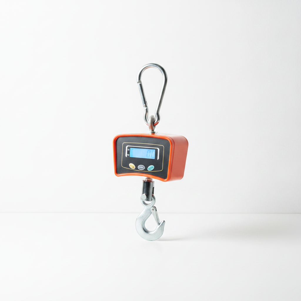 2026/06/1002915650.png - pricemagicgh.com Orange digital hanging scale with metal hook, suspended from a carabiner on a white background