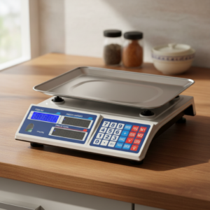 Digital kitchen scale with a metal weighing tray on a wooden counter; two spice jars blurred in the background.