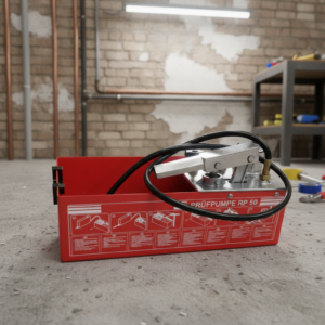 Red toolbox-style hydraulic hand pump with a black hose coiled on top, lying on a concrete workshop floor.