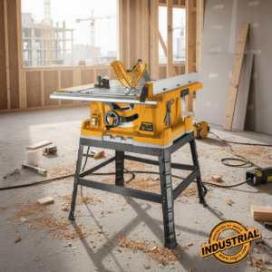 2026061002943416png pricemagicghcom Yellow table saw on a metal stand in a construction site workshop with wood shavings and tools around