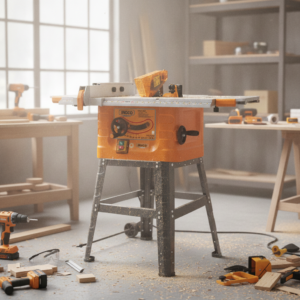 Orange table saw on a metal stand in a woodworking workshop, with wood scraps and tools scattered on the floor nearby.