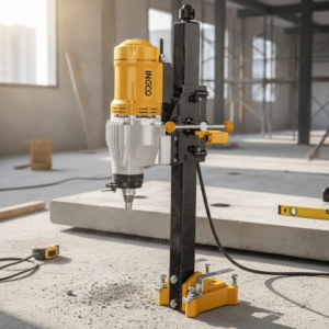 Industrial drill/ CNC router mounted on a black vertical stand with a yellow base, set up on a concrete construction site with debris and tools nearby.