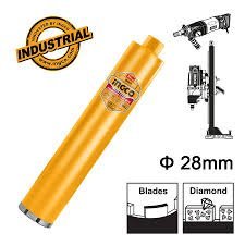 Orange industrial cylinder with INDUSTRIAL badge, plus a cutting tool setup and diagrams showing 28 mm diameter and diamond blades (collage).