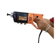 10070201 - pricemagicgh.com Hand wearing a glove holds an orange corded power drill with a black grip against a white background.