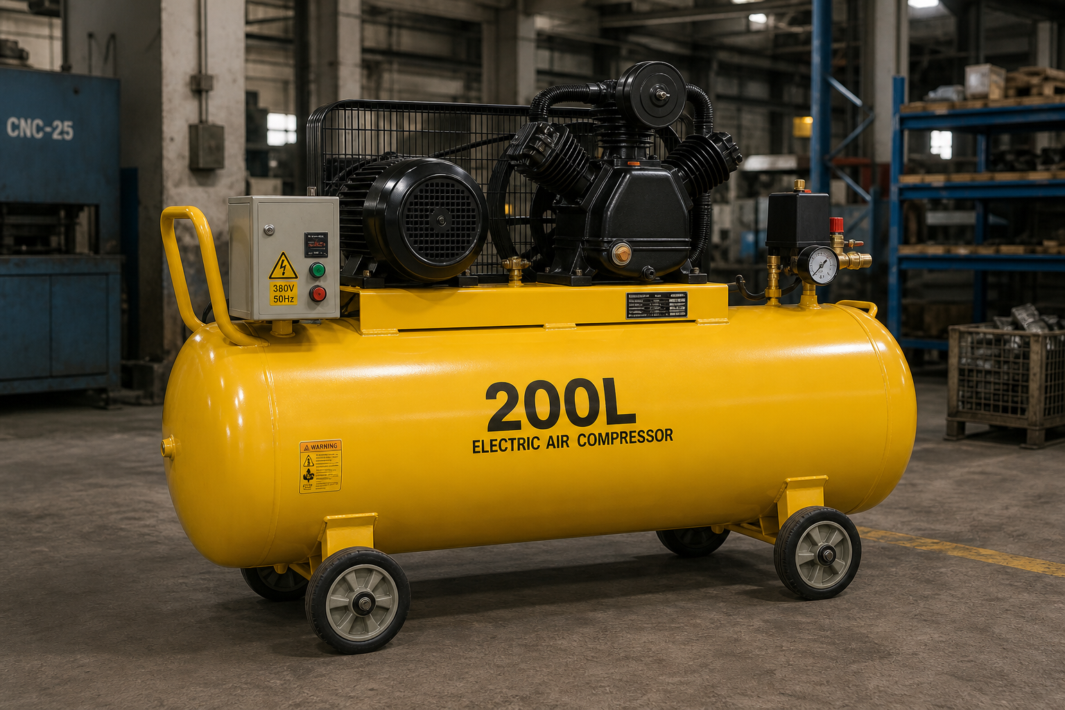 a 200L electric air compressor machine Yellow in colour in - pricemagicgh.com Yellow 200L electric air compressor on wheels in a workshop, with control box and gauge visible on top