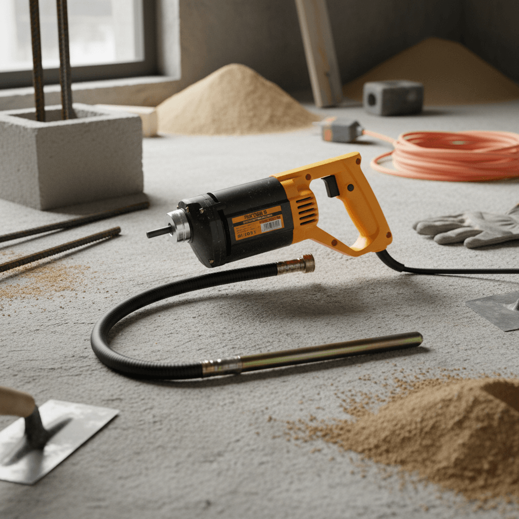 edited_2 21 - pricemagicgh.com Yellow power drill on a dusty construction floor with sand piles and concrete blocks in the background.