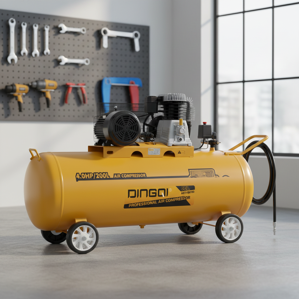 200L dingqi 108065 industrial air compressor - pricemagicgh.com Yellow portable air compressor on caster wheels in a workshop with tool pegboard on the wall behind it. 200L dingqi 108065 industrial air compressor