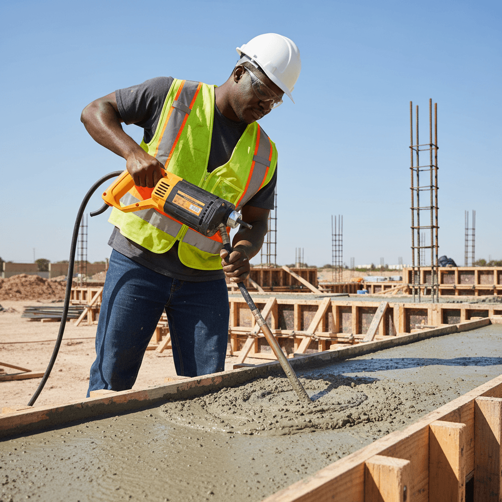 10070201 DINGQI Handheld Concrete Vibrator - pricemagicgh.com 10070201 DINGQI Handheld Concrete Vibrator. Construction worker in a hard hat and safety vest pours/smoothed wet concrete inside a wooden form at an outdoor building site with rebar in the background.