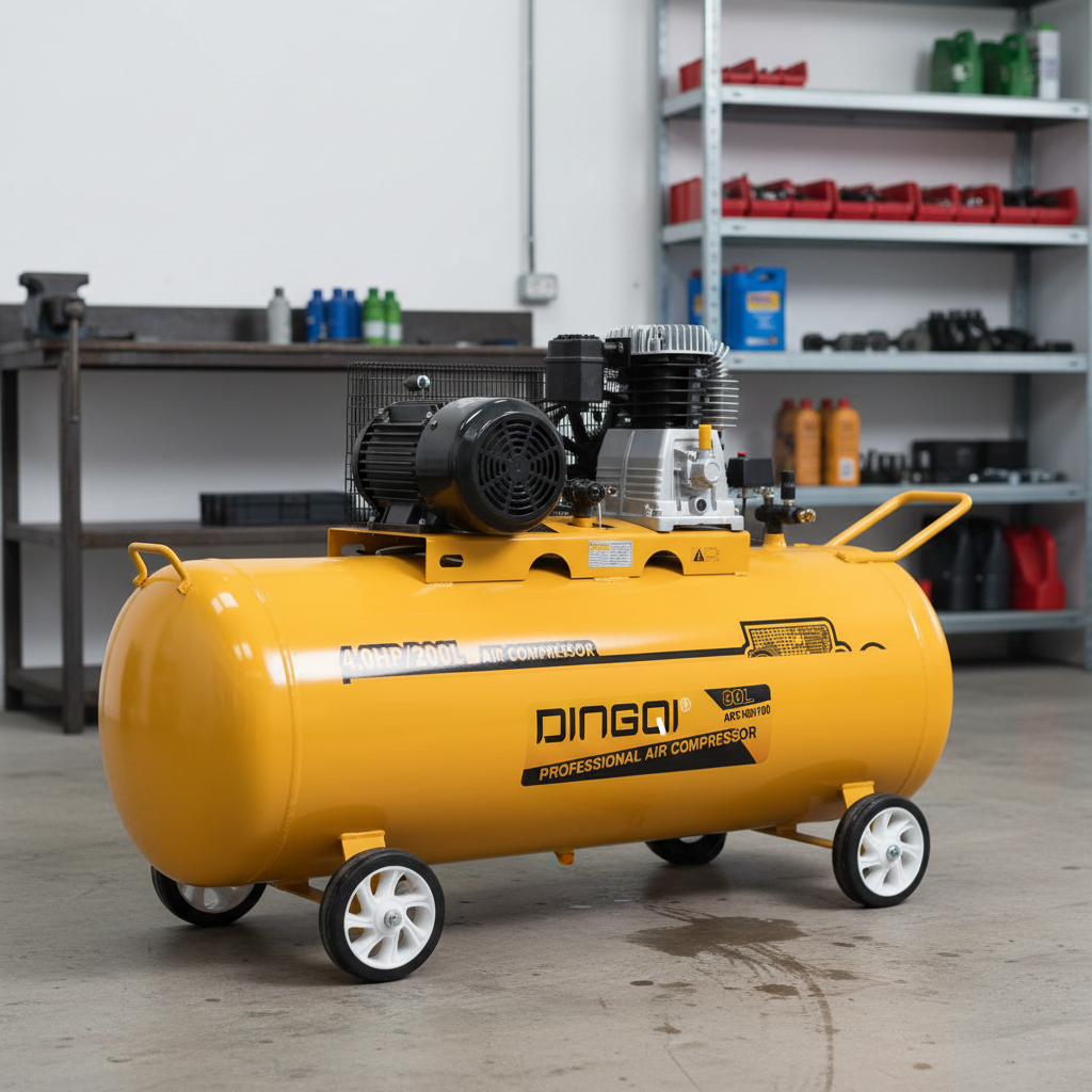 200L dingqi 108065 industrial air compressor - pricemagicgh.com Yellow portable air compressor with a large horizontal tank and mounted motor in a workshop, labeled Dingqi Professional Air Compressor. 200L dingqi 108065 industrial air compressor