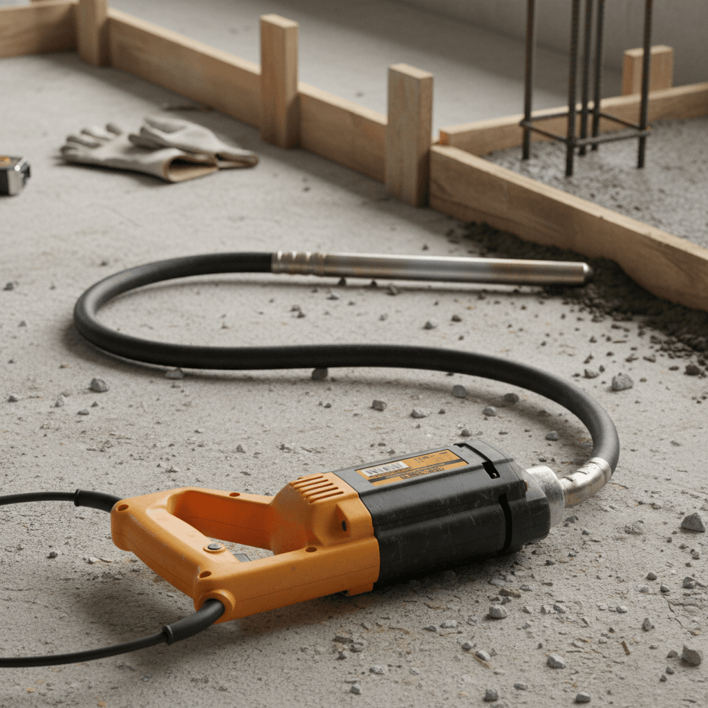 edited_4 20 - pricemagicgh.com Orange and black jackhammer resting on a dusty concrete floor near wooden formwork.