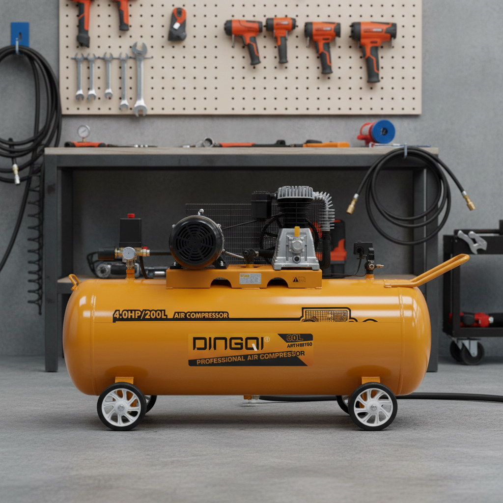 200L dingqi 108065 industrial air compressor - pricemagicgh.com Orange portable air compressor on wheels in a workshop, labeled 4.0HP/200L and DINGQI Professional Air Compressor, with tools on a pegboard in the background.