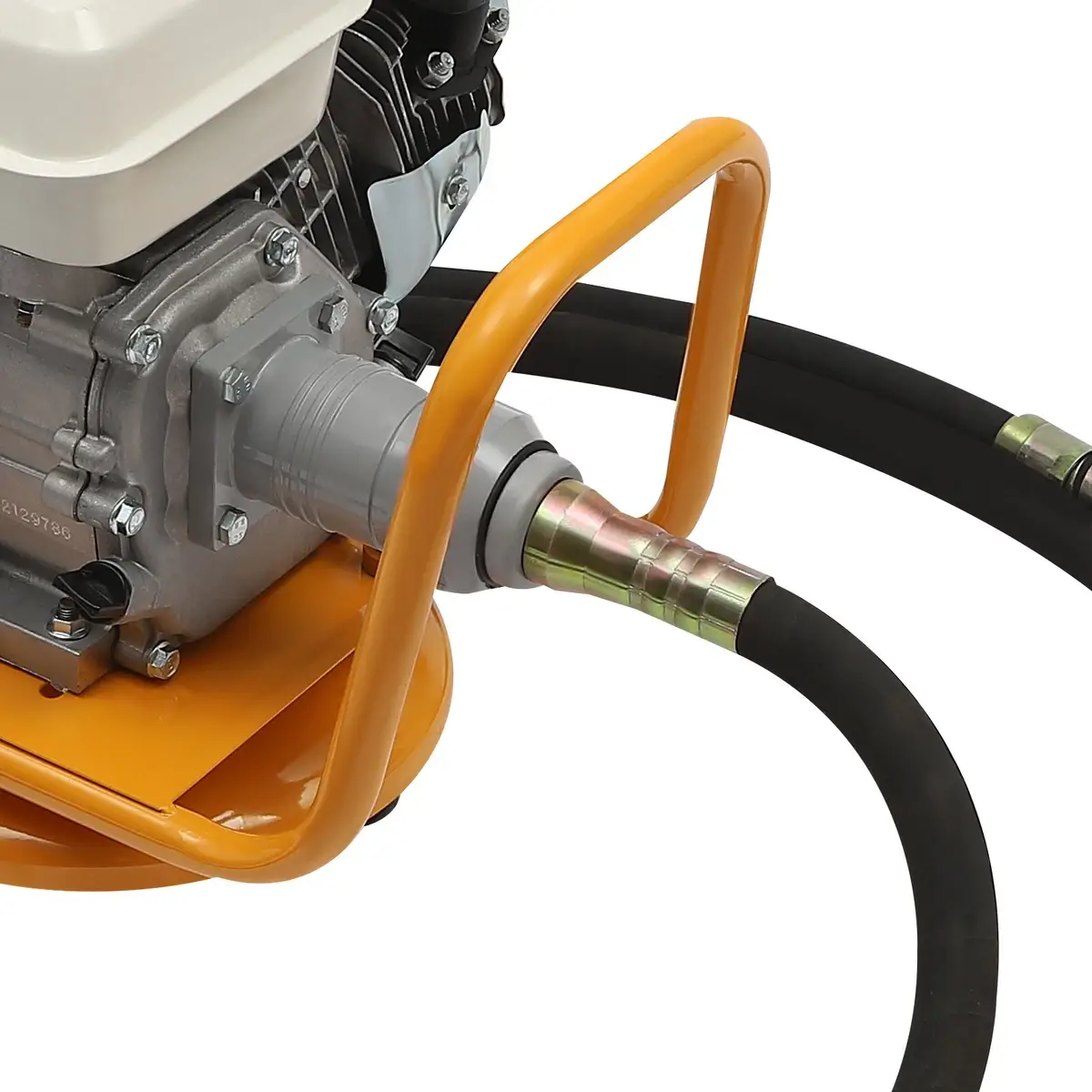 s-l1200 10 - Copy - pricemagicgh.com Close-up of a small engine connected to a hose with an orange protective frame and metal fittings.