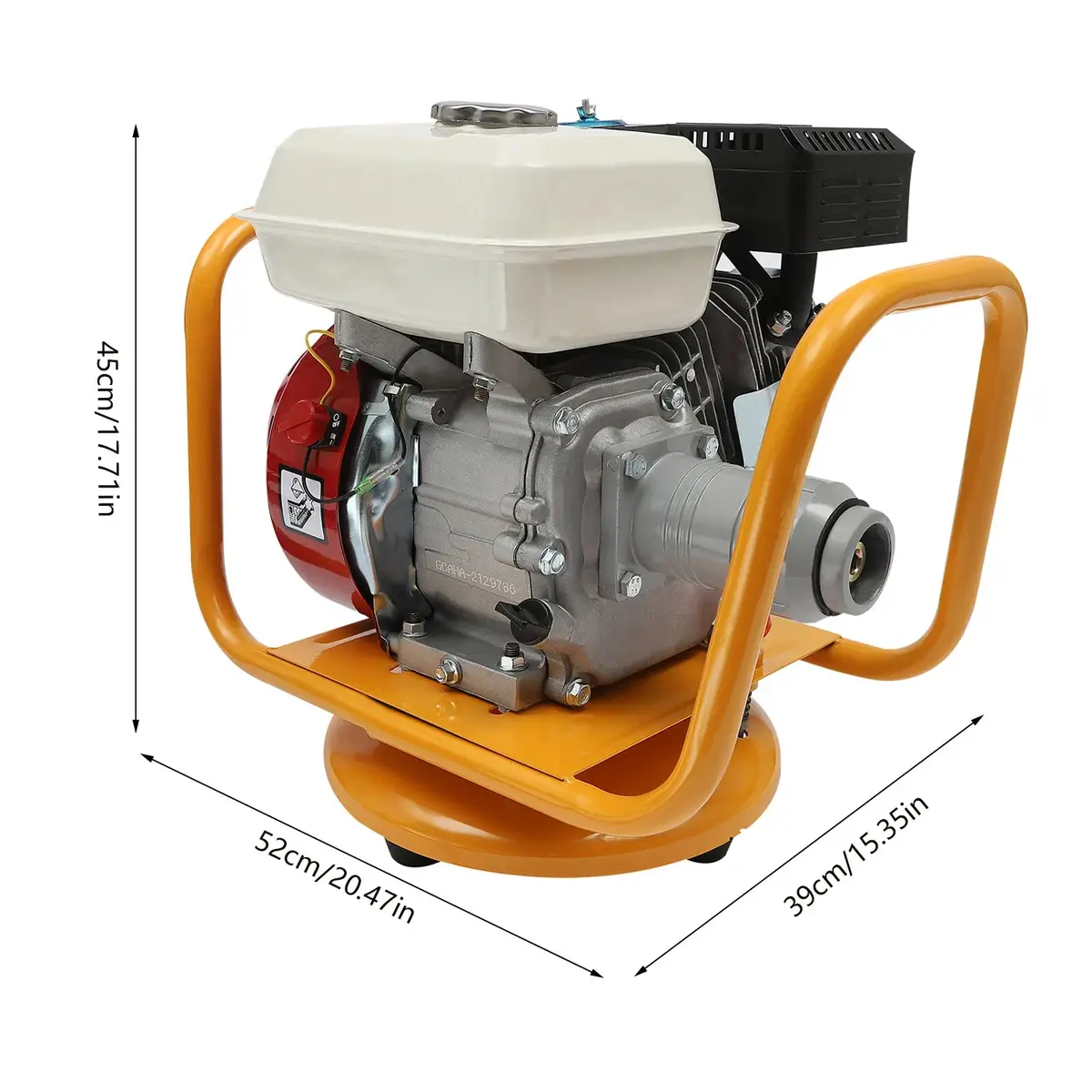Gasoline concrete vibrator poker - pricemagicgh.com Portable gasoline engine on an orange skid frame with a white fuel tank, showing overall dimensions (45 cm high, 52 cm long, 39 cm wide).