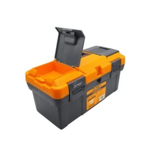 Orange and black plastic toolbox with lid propped open, showing an interior tray and compartments