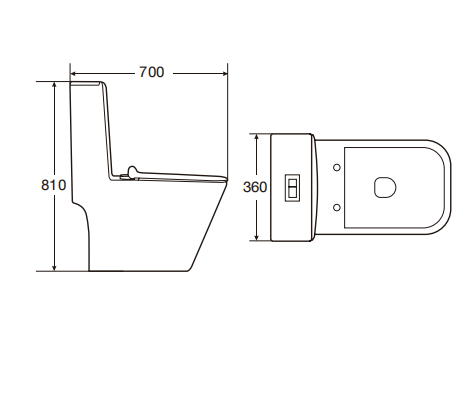 2026071003000653png pricemagicghcom Technical drawing of a toilet side and top views with dimensions height 810 mm depth 700 mm width 360 mm