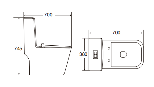 2026071003003454png pricemagicghcom Technical drawing of a toilet shown in side and top views with dimensions overall height 745 mm length 700 mm and top view width 700 mm