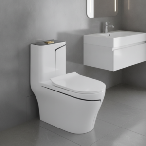 Modern white toilet with a wall-mounted vanity sink in a sleek gray bathroom setting.