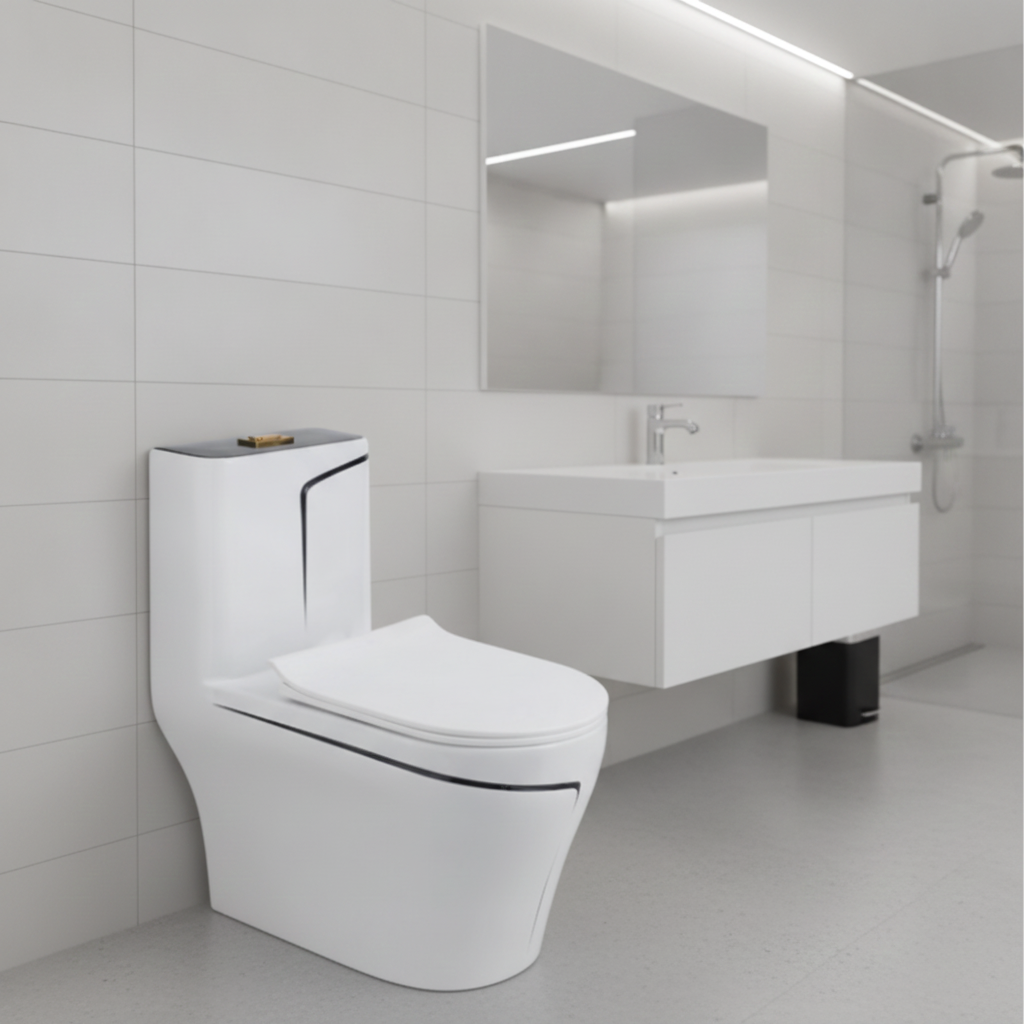 2026071003003613png pricemagicghcom Modern white bathroom with a sleek one piece toilet wall mounted vanity with sink large mirror and a glass enclosed shower