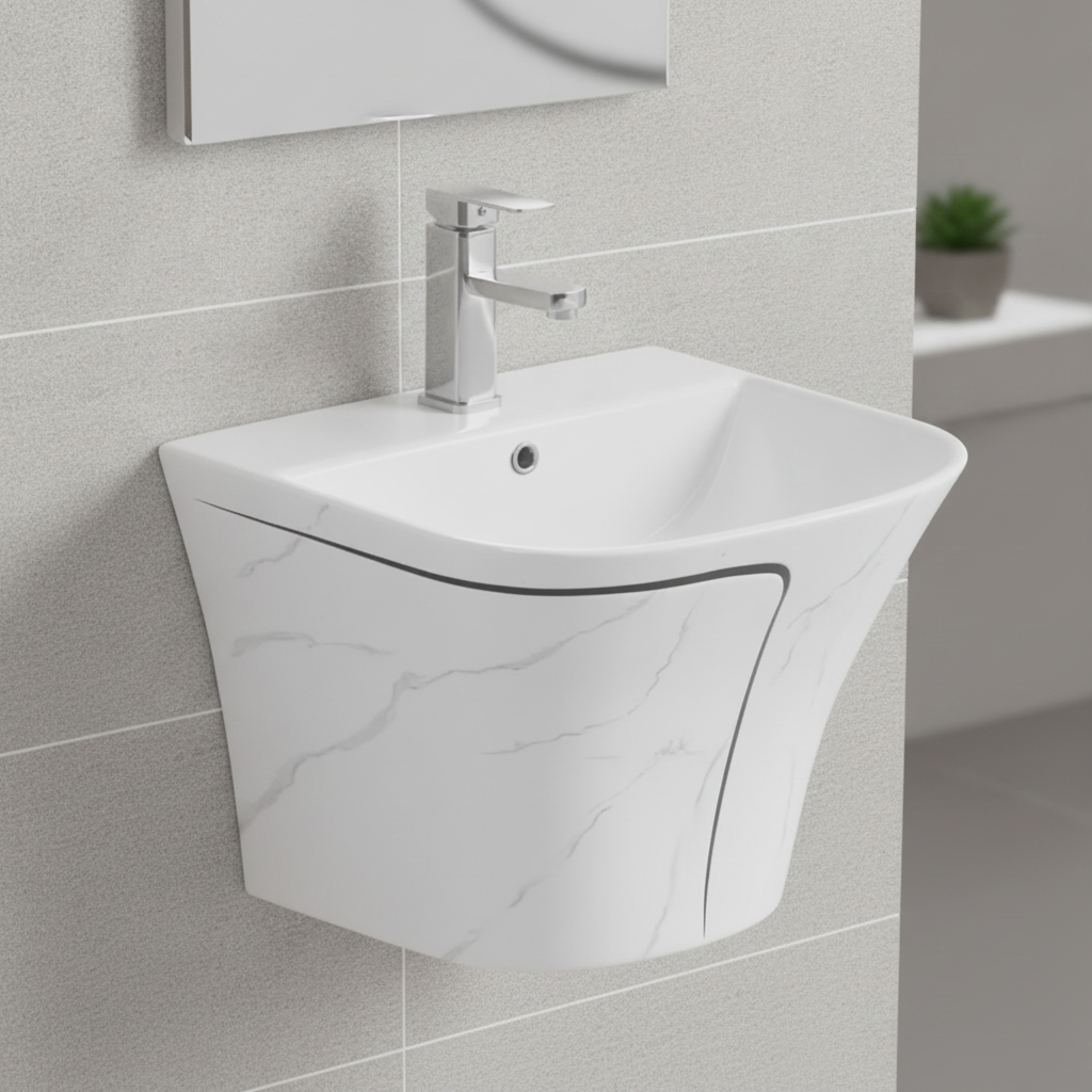 20260710030058561png pricemagicghcom White wall mounted bathroom sink with a chrome faucet on gray tiled walls featuring a marble like pattern on the basin edges