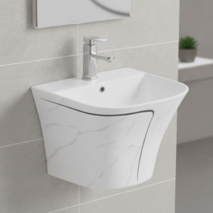 Wall-mounted white bathroom sink with marble pattern and chrome faucet, set against light gray tiled wall in a modern bathroom