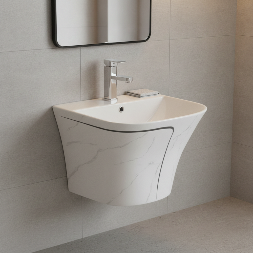 2026071003005857png pricemagicghcom Wall mounted white sink with marble veined surface and chrome faucet in a modern bathroom