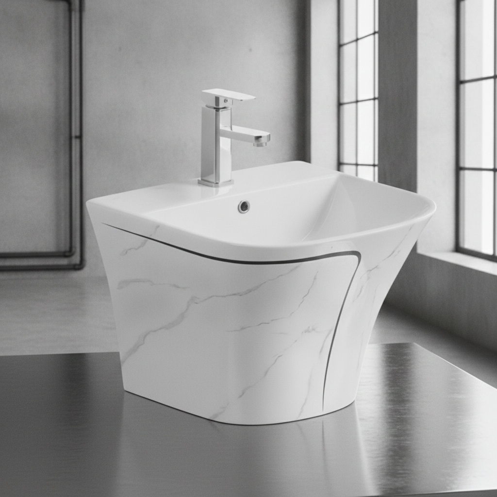 2026071003005858png pricemagicghcom Modern freestanding white bathtub with subtle marble veining and a chrome rectangular faucet in a bright industrial style bathroom