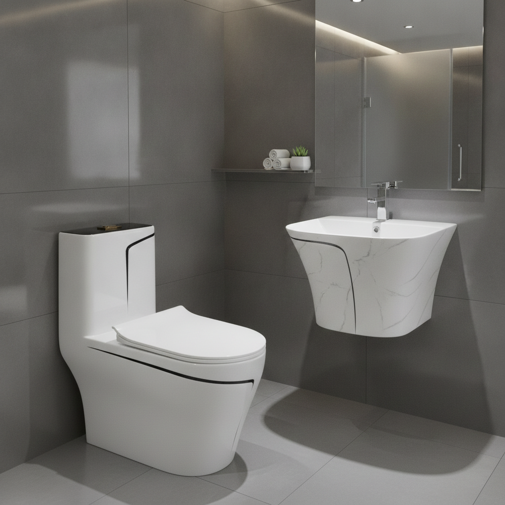 2026071003010101png pricemagicghcom Contemporary bathroom featuring a wall mounted marble pattern sink a white one piece toilet gray tiled walls a mirrored cabinet and a small shelf with towels and a plant