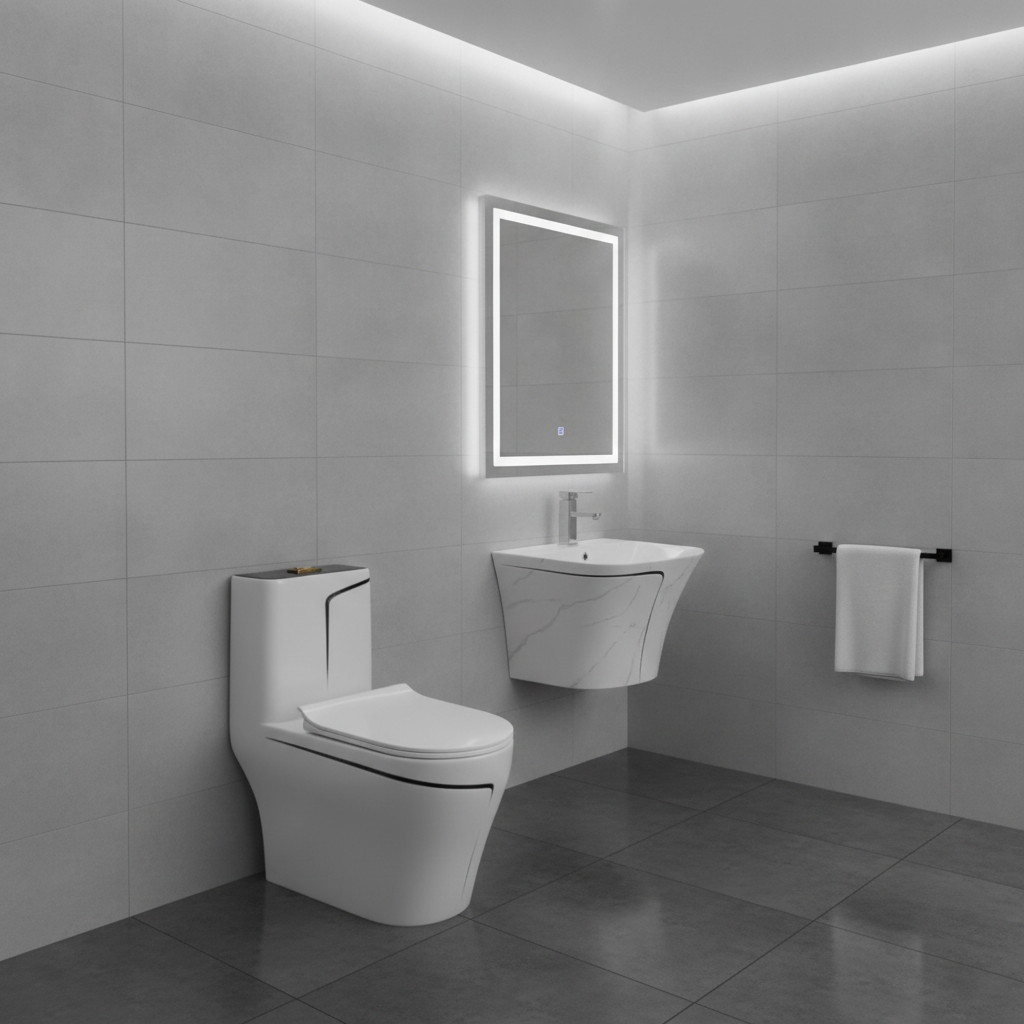2026071003010102png pricemagicghcom Modern gray tiled bathroom with a wall mounted marble pattern sink backlit rectangular mirror and a white toilet nearby