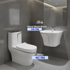 Modern bathroom showcasing a white toilet and marble sink with the product code WC-788.